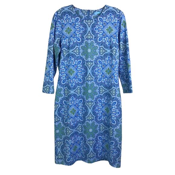 J.McLaughlin Tunic Dress Womens Size Medium Blue Geometric Crewneck 3/4 Sleeve - Picture 1 of 7